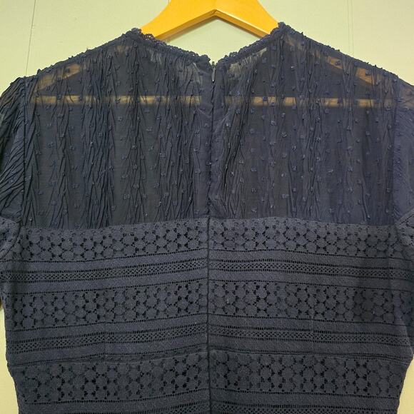 Chelsea28 Dress Lacy Sheath Midi Ruffle Hem Navy Blue Gauze Eyelet Size Large - Picture 4 of 10